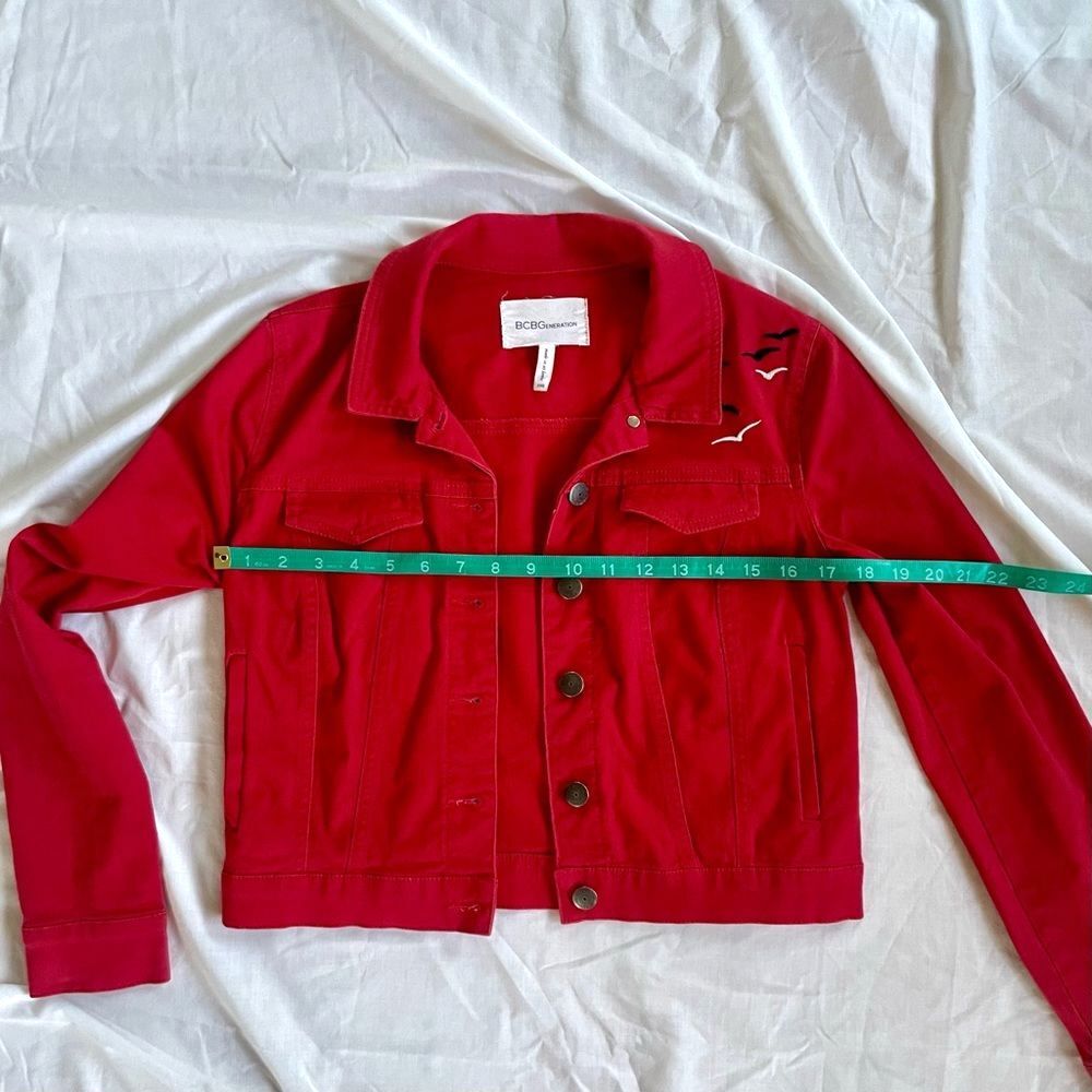 Cropped Denim Jacket Red Soft Cotton Lightweight Utility Embroidered Birds XXS - Picture 11 of 12